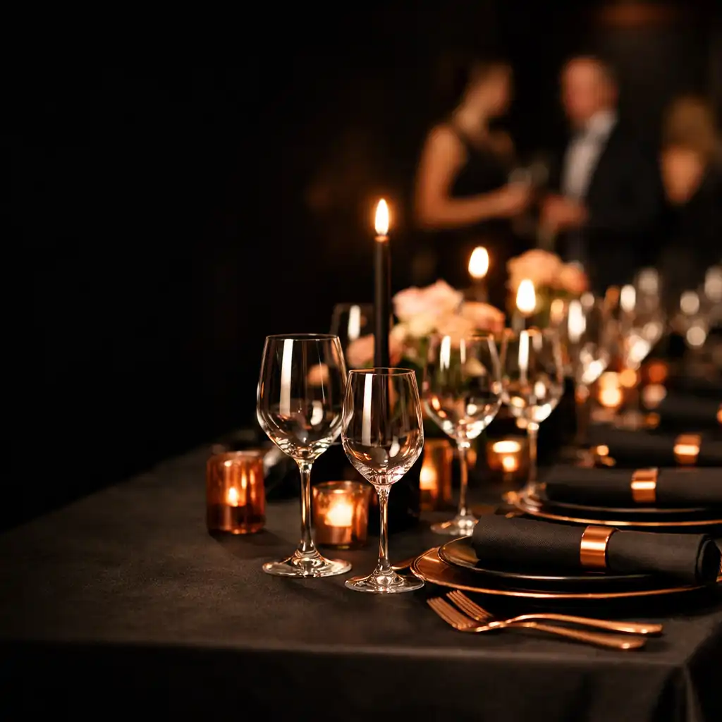 Table dressée pour une réception d’entreprise sombre et raffinée