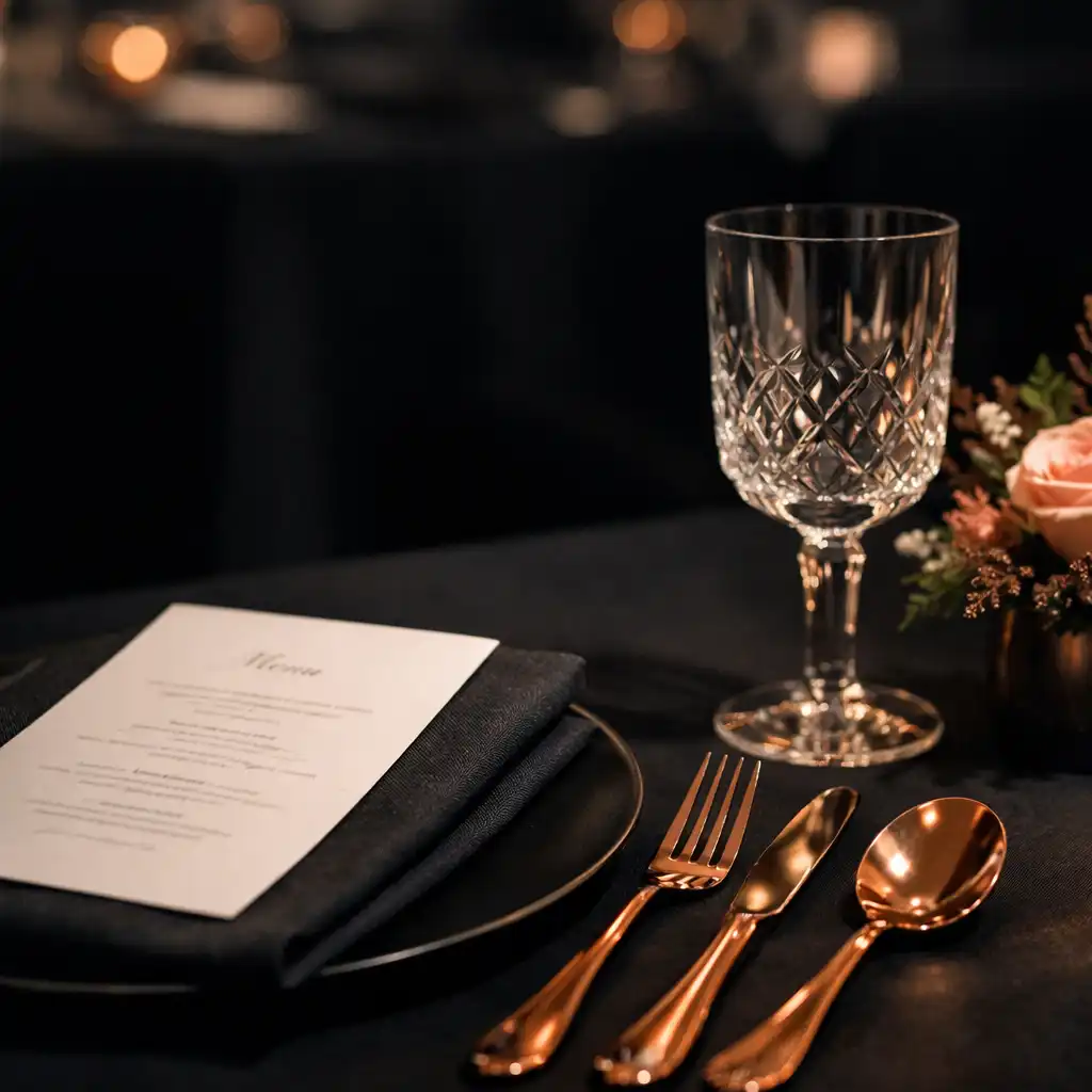 Détail d’une table de réception avec verrerie et couverts aux reflets chauds