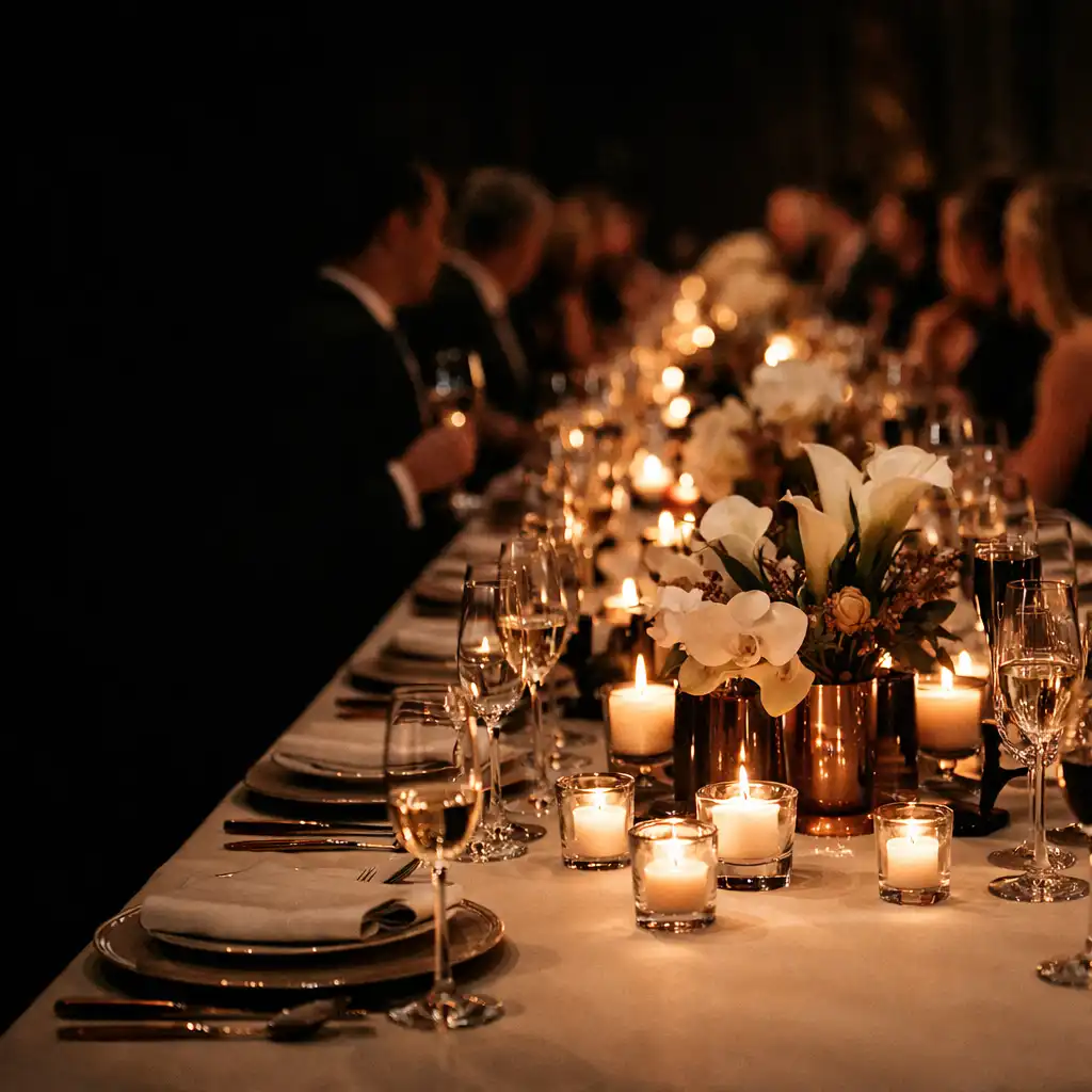 Table de gala privée aux bougies et reflets rose gold