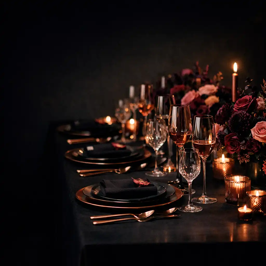 Table de réception privée aux tons sombres, éclairée par des bougies et des reflets rose gold