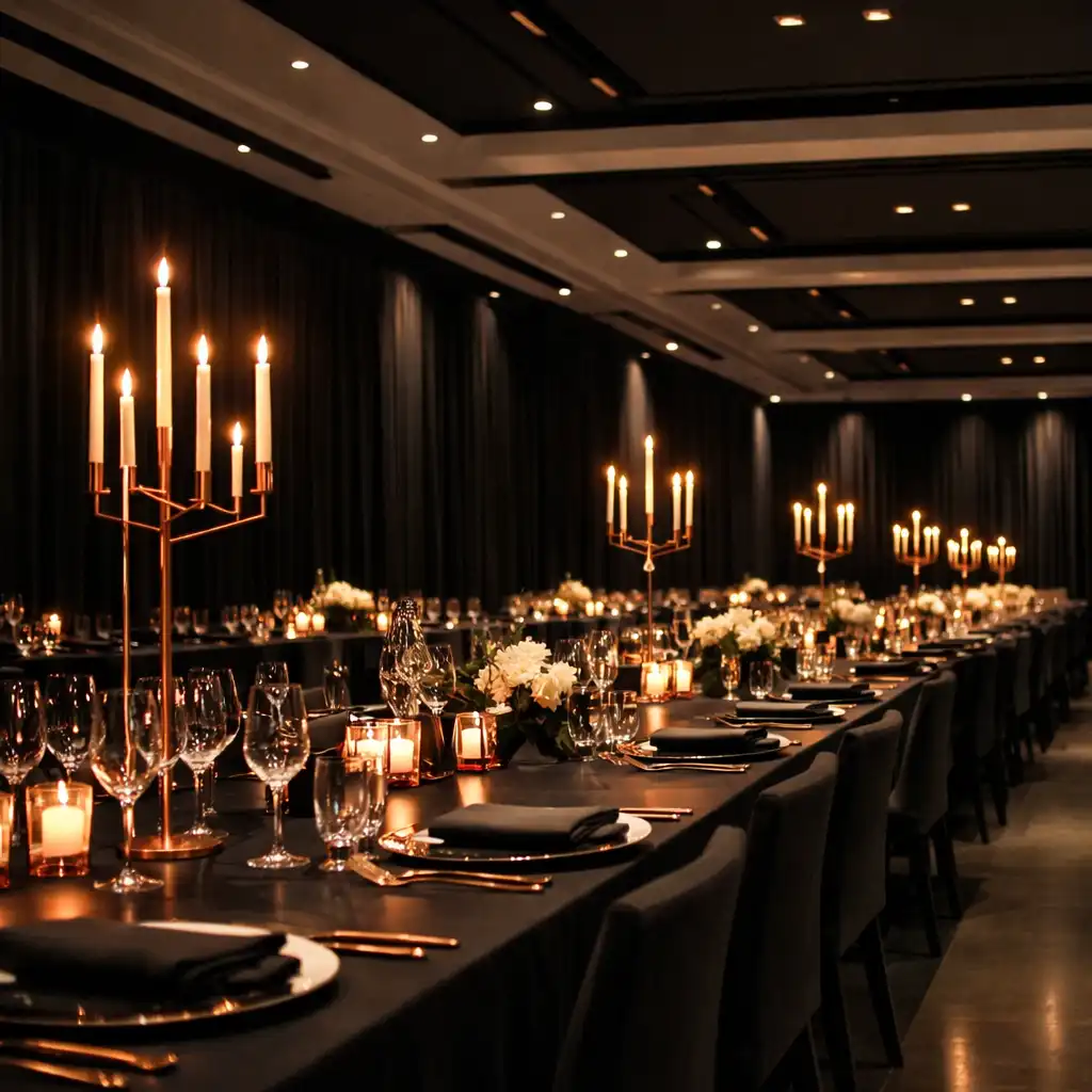 Salle de réception de gala contemporaine avec longues tables sombres